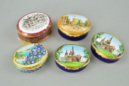 FOUR HALCYON DAYS ENAMEL BOXES to include two Lichfield Cathedral (one unmarked), 'Windsor Castle'