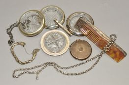 A CIRCULAR SILVER POWDER COMPACT, engine turned case, a set of four F.B. Rogers Silver Co 'Sterling'