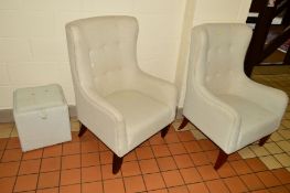A PAIR OF OATMEAL UPHOLSTERED ARMCHAIRS with a footstool (3)