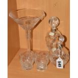 TWO CUT GLASS SILVER COLLARED SCENT BOTTLES, a Waterford Crystal champagne glass and a pair of small