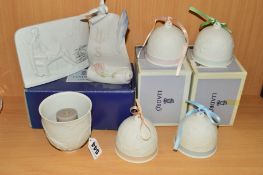 A GROUP OF LLADRO BELLS, CANDLE HOLDER AND NAMESTANDS to include Collectors Society 1998 candle