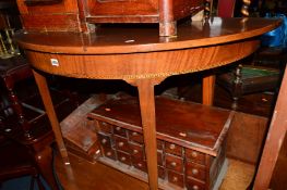A PAIR OF EDWARDIAN MAHOGANY AND SATINWOOD INLAID D-END TABLES on square tapering legs and spade
