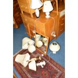 AN OAK DRESSING CHEST with triple mirrors, a coucasion style rug, six various table lamps, modern