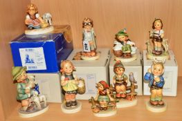 NINE HUMMEL FIGURES, to include 'Doctor' HUM 127 (boxed), 'Playmates' HUM 58 (boxed), 'Little Goat