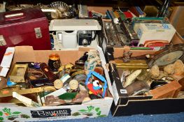 THREE BOXES AND LOOSE SUNDRY ITEMS, to include teasmaid, records, clocks, radios, etc