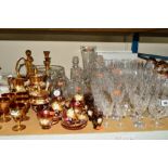 A QUANTITY OF CUT GLASS AND A GILDED CONTINENTAL RED GLASS TEA SET to include drinking glasses,