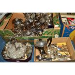 THREE BOXES OF SILVER AND SILVER PLATE including tea wares, six bottle cruet set on stand, trays,