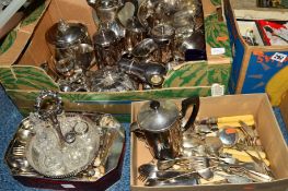 THREE BOXES OF SILVER AND SILVER PLATE including tea wares, six bottle cruet set on stand, trays,