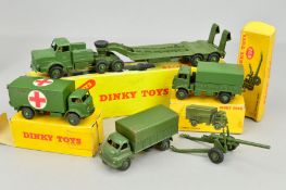 A BOXED DINKY SUPERTOYS THORNYCROFT MIGHTY ANTAR TANK TRANSPORTER, No.660, with three other boxed