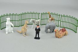 A QUANTITY OF BRITAINS & CRESCENT HOLLOWCAST WILD ANIMALS, KEEPER AND FENCING