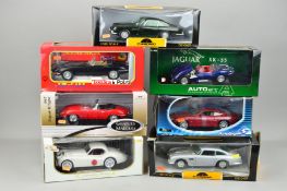 SEVEN BOXED DIECAST CAR MODELS, all 1/18 scale, Jaguar and Aston Martin models, Autoart, Chrono,