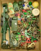 A QUANTITY OF ASSORTED PLAYWORN PLASTIC SOLDIER FIGURES AND DIECAST VEHICLES, Britains, Timpo,