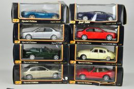 A COLLECTION OF BOXED MAISTO JAGUAR CAR MODELS, all 1/18 scale, some wear and damage to boxes (8)