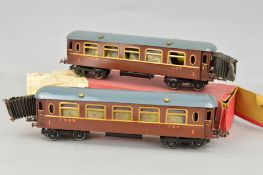 A BOXED AND UNBOXED HORNBY NO.2 MAINLINE SALOON COACH, L.N.E.R. brown livery, No.137, complete and