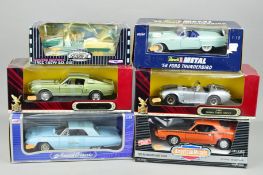 SIX BOXED ASSORTED DIECAST AMERICAN CAR MODELS, majority 1/18 scale, Ertl American Muscle, Yatming