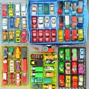 A QUANTITY OF UNBOXED AND ASSORTED PLAYWORN DIECAST VEHICLES, contained in a distressed Matchbox