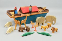 A WOODEN NOAH'S ARK AND ANIMALS, complete with eight pairs of animals, but only one lion, figures of