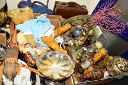 TWO BOXES OF METALWARES, teddy bears, bags and sundries, including crown green bowling balls and a