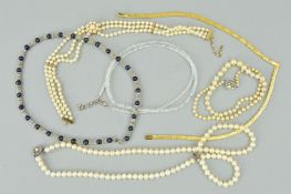 SIX NECKLACES to include two imitation pearl necklaces, a two row akoya cultured pearl necklace, a