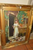 A LARGE HEAVILY GILT FRAMED OIL ON CANVAS, woman feeding chickens, unsigned, approximate size 90cm x