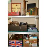 THREE BOXES AND LOOSE SUNDRY ITEMS, to include metalwares, Sirram picnic box, lights etc