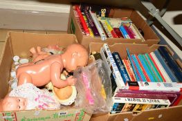 THREE BOXES OF SUNDRIES, to include dolls, books, dolls teaset etc
