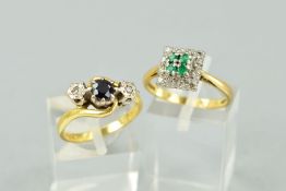 TWO 18CT GOLD GEM SET RINGS, the first designed as a square emerald and diamond cluster ring,