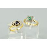 TWO 18CT GOLD GEM SET RINGS, the first designed as a square emerald and diamond cluster ring,