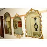 THREE VARIOUS FOLIATE GILT FRAMED BEVELLED EDGE WALL MIRRORS, a similar rectangular wall mirror