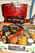 TWO BOX/SUITCASE AND LOOSE ITEMS, to include a sewing box, books, canteen of part cutlery,