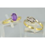 TWO GEM SET RINGS, the first designed as a central oval amethyst flanked by small circular