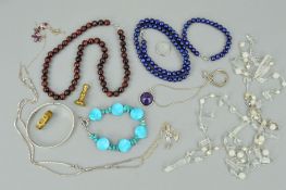 THIRTEEN ITEMS OF JEWELLERY to include a blue dyed cultured pearl necklace and matching bracelet, an