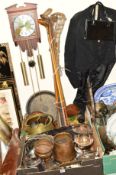 TWO BOXES AND LOOSE ASSORTED METALWARES, golf clubs, lacrosse stick, Acctim wall clock, gents two