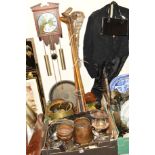 TWO BOXES AND LOOSE ASSORTED METALWARES, golf clubs, lacrosse stick, Acctim wall clock, gents two