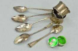 A SET OF FIVE GEORGE III OLD ENGLISH PATTERN TEA SPOONS, maker Thomas Dicks, London 1807, together