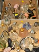 TWO SMALL TRAYS OF VARIOUS GLASS PERFUME BOTTLES, etc to include Royal Doulton