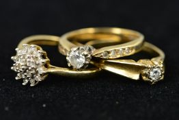THREE 9CT GOLD DIAMOND RINGS, the first designed as brilliant cut diamond to the single cut