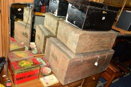 TWO VARIOUS VINTAGE WOODEN CRATES, (one stamped 'Charles Heidsieck'), a deed box and five various