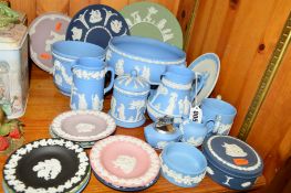 A COLLECTION OF WEDGWOOD JASPERWARE, including pedestal fruit bowl, jugs, pin dishes, trinkets etc
