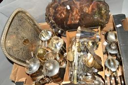 A BOX OF SILVER PLATE to include trays, tea wares and loose cutlery