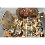 A BOX OF SILVER PLATE to include trays, tea wares and loose cutlery