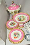 A LATE 19TH CENTURY CONTINENTAL PART DESSERT SERVICE, with a piank and gilt banding and hand painted