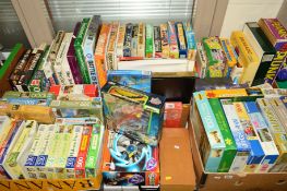 FIVE BOXES AND LOOSE JIGSAWS, GAMES AND TOYS, some jigsaws unopened, chess set pieces, backgammon