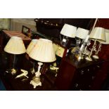 A QUANTITY OF VARIOUS HOUSEHOLD LAMPS to include a pair of glass table lamps with shades, six