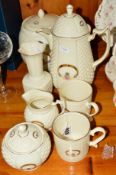 SEVEN PIECES OF DONEGAL CHINA, to include biscuit barrel, coffee, sugar and cream set and two mugs