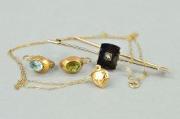 THREE ITEMS OF JEWELLERY comprising a pair of 9ct gold earrings, one set with blue paste, with