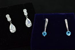 TWO PAIRS OF EARRINGS, the first designed as two circular colourless cubic zirconias suspending a