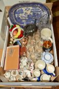 A BOX OF CERAMICS, GLASS etc, to include crested wares (W.H.Goss), Hummel 'Friends' HUM136,