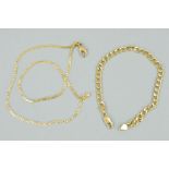 TWO BRACELETS, the first a curb link bracelet with a 9ct gold hallmark, length 185mm, weight 3.2