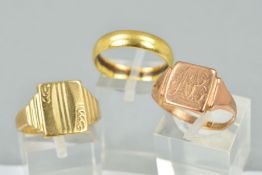 TWO 9CT GOLD RINGS AND AN 18CT GOLD RING, the first of square signet ring design with engraved